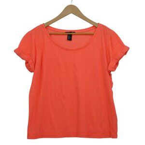 H&M Basic Neon Coral Rolled‑Sleeve Tee – 100% Cotton‎ (M)